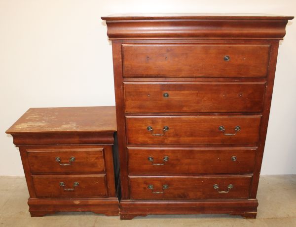 lot 144 image: Dresser and Night Stand Thomasville Louis Philipe Style Chest of Drawers and Matching nightstand. Needs Drawer pulls replaced
