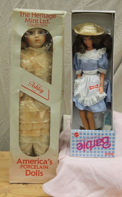 lot 51 image: Two Vintage Collectable Dolls The Heritage Mint Ltd. Collection 16-inch Porcelain doll Ashley in original box and 1992 Mattel Little Debbie Snacks Collector Edition Series 1 Barbie Doll in Original box