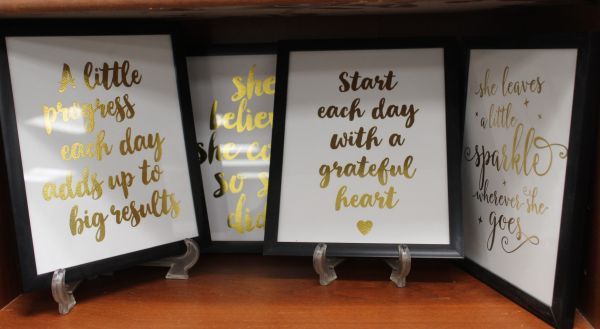 lot 55 image: Four 8x10 Black Framed Motivational Quotes in Gold Lettering