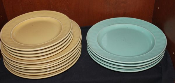 lot 279 image: Dishes Plates, Food Network,  Fontina Aqua Stoneware&nbsp 5 Pieces and Pier 1 Imports Martillo Mango 10 Pieces