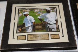 Tiger Woods and Michael Jordan Framed Picture with Etched Signatures and Placard