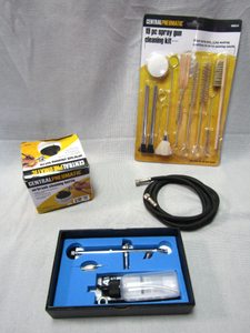 lot 7 image: Avanti air brush, Central Pneumatic airbrush cleaning bottle and 19 pc spray gun cleaning kit - All NIB, plus air brush hose,