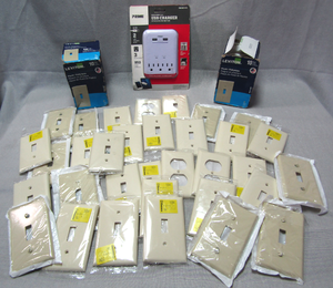 lot 12 image: Prime USB high speed charger with surge protector, Leviton switch plate covers
