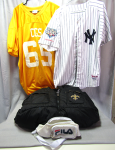 lot 17 image: NY Yankees 2009 World Series champion jersey size Large, New Orleans Saints jacket, Fila waist pouch, CGS jersey