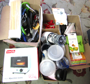 lot 20 image: Mini toaster oven, Assorted kitchen utensils, dishes, decor and more as shown