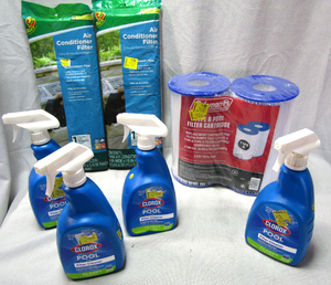 lot 28 image: Pool supplies including, Clorox pool & spa filter cleaner, Coleman type B pool filter cartridges, Air conditioning filters