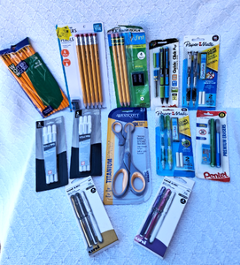 lot 293 image: Uni gel pen sets, Wescott titanium bonded scissor set, Papermate mechanical pencil set, and more as shown. - All NIB