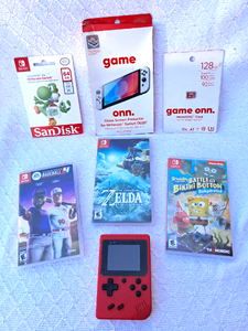 lot 289 image: Nintendo Switch games Zelda, Sponge Bob plus, Sandisk micro SDXC, Onn glass screen protectors, Merkury hand held game with preloaded games