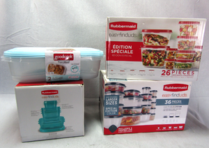 lot 33 image: Rubbermaid Easy Finds storage container sets including 18, 26, 36 piece sets plus 2 peice Good cook set