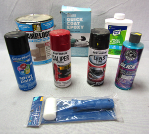 lot 38 image: Rust-oleum & Color Place spray paints, Damplock Masonry waterproof paint, Quick coat Epoxy, Klean strip brush cleaner plus