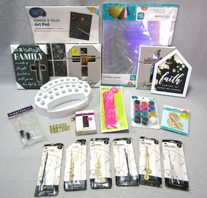 lot 22 image: Art supplies including clock hands, paints, poster board and more as shown