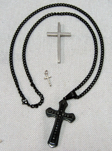 lot 249 image: Stainless Steel cross necklace with Cubic Zirconia gems, and two other crosses