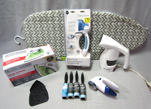 lot 240 image: Black & Decker easy steam compact iron NIB, Dritz petite press mini iron NIB, Ironing board, Black & Decker garment steamer, and more