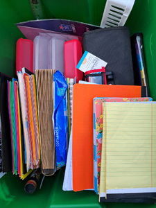 lot 218 image: Tote full of assorted office supplies as shown