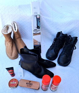 lot 204 image: Interceptor work boots size 10.5, Time & Tru thermal boots, High heel dress boots, Kiwi shoe polishing items