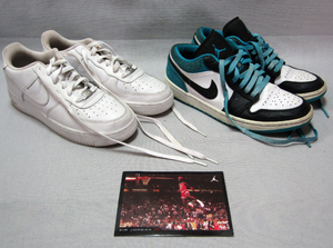 lot 239 image: Nike Air Force Ones and Air Jordans size 8 and 6.5, plus 1988 Michael Jordan shoe detail card