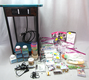 lot 229 image: Assorted crafting beads and glitter plus small crafting table with power strip