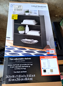 lot 180 image: Mainstay 3 shelf book case unassembled in box (Box is torn open but product appears undamaged)