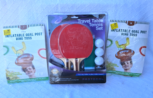 lot 176 image: Protocol Travel table tennis set, Inflatable goal post ring toss games, All NIB
