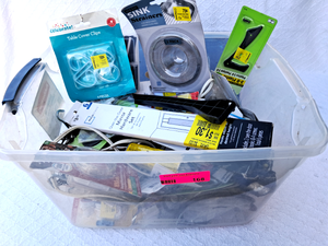 lot 168 image: Tote full of assorted household hardware plus