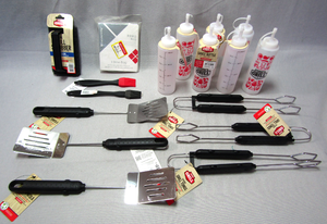lot 112 image: Exper Grill Bar-b-q utensils including tongs, grill scrubber, sauce bottles plus - All New with tags