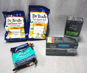 lot 121 image: Dr Teals pure epsom salts soaking solution, Dove mens care soap, kroger twin blade shaving disposal razors