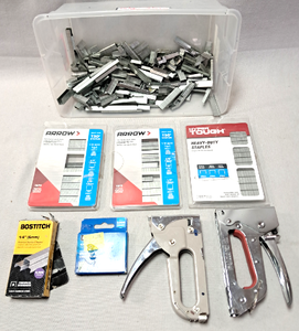 lot 131 image: Bostitch, Arrow, Hyper Tough industrial staples and 2 staple guns (One needs repaired)