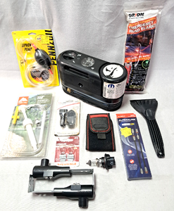 lot 132 image: Automotive supplies including, Genuine Mopar Tire service air compressor kit, Emergency road flares, Siphon pump and more