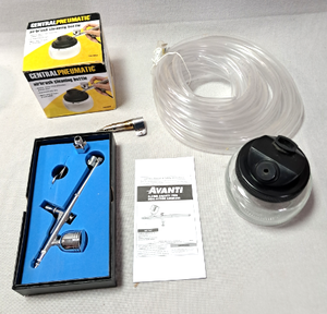 lot 149 image: Avanti 3.5mm gravity feed dual action air brush NIB, Central Pneumatic air brush cleaning bottle (2 - 1 is NIB) and air lines