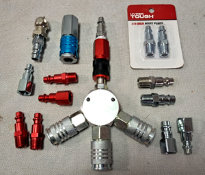 lot 150 image: Pneumatic line connectors never used like new and Hyper Tough connectors NIB