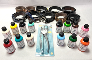lot 153 image: Leather works, Premium leather belts New (10), Beadsmith rotating leather hole punch, Andelus acrylic leather paints
