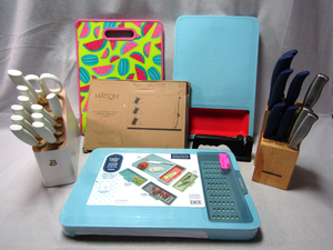 lot 156 image: Cutlery set never used letter B on knives, Country Living cutting station kit NIB, Maison Acacia cutting board NIB, and more