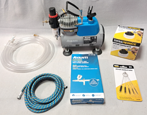 lot 166 image: Avanti air brush compressor, Avanti 3.5mm gravity feed dual action air brush NIB, Central Pneaumatic air brush cleaning bottle & cleaning brush kit NIB, & more