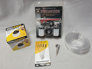 lot 304 image: Paasche starter air brush kit NIB, Central Pneumatic air brush cleaning bottle & cleaning brush set, and more as shown