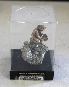 lot 25 image: collectible item is a 24k gold-plated (G.P.) figurine of a prospector panning for gold, manufactured by Charles Singer in Colorado
