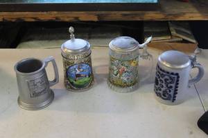 lot 40 image: pewter-style tankard and vintage German beer steins and vintage German salt-glazed ceramic beer stein