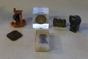 lot 47 image: vintage Dansk Designs collectible elephant and collectible brass figurine featuring the Three Wise Monkeys and collectible souvenir medallion from The Fort Worth National Bank, dated 1974 and more see pictures