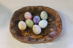 lot 50 image: polished gemstone eggs, and vintage Pikes Peak Region souvenir tray or wall plaque made of genuine pressed wood