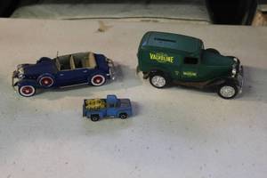 lot 58 image: 1932 Chrysler LeBaron model car and 1932 Ford Panel Delivery Die Cast Metal Locking Bank,and  collectible is a Hot Wheels pickup truck