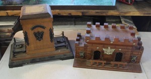 lot 68 image: vintage S. Sper Bijou wooden castle decanter set and antique wooden box,