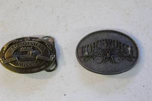 lot 74 image: Jack Daniels Old No. 7 Tennessee Whiskey belt buckle and Fort Worth Texas cowboy style belt buckle