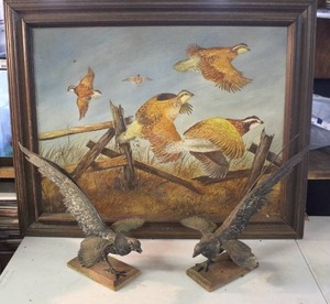 lot 87 image: vintage collectible set includes a framed art print titled The Rail Fence - Bobwhite by artist Maynard Reece, paired with two small, stylized quail sculptures