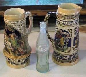 lot 91 image: German-style ceramic beer steins (Coke bottle not included only for size reference)