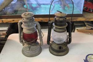 lot 98 image: antique kerosene lanterns, commonly known as hurricane lanterns