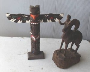 lot 135 image: hand-carved and painted wooden totem pole, and sheep ram sculpture