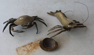 lot 192 image: vintage bronze or brass sculptures of a crab and a shrimplobster the crab opens see pictures