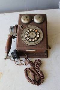 lot 217 image: antique wooden box wall-mounted telephone