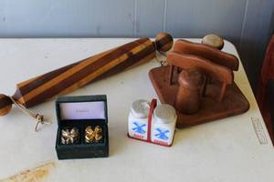 lot 250 image: handcrafted wooden rolling pin a few sets of salt and pepper shakers and a napkin holder