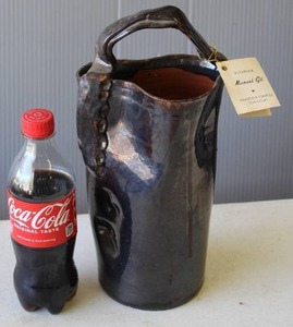 lot 309 image: handcrafted, rustic ceramic vase (soda for size reference)