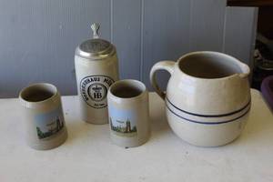 lot 315 image: Vintage Marshall pottery belly pitcher and a collection of vintage German stoneware pottery, specifically featuring traditional beer steins